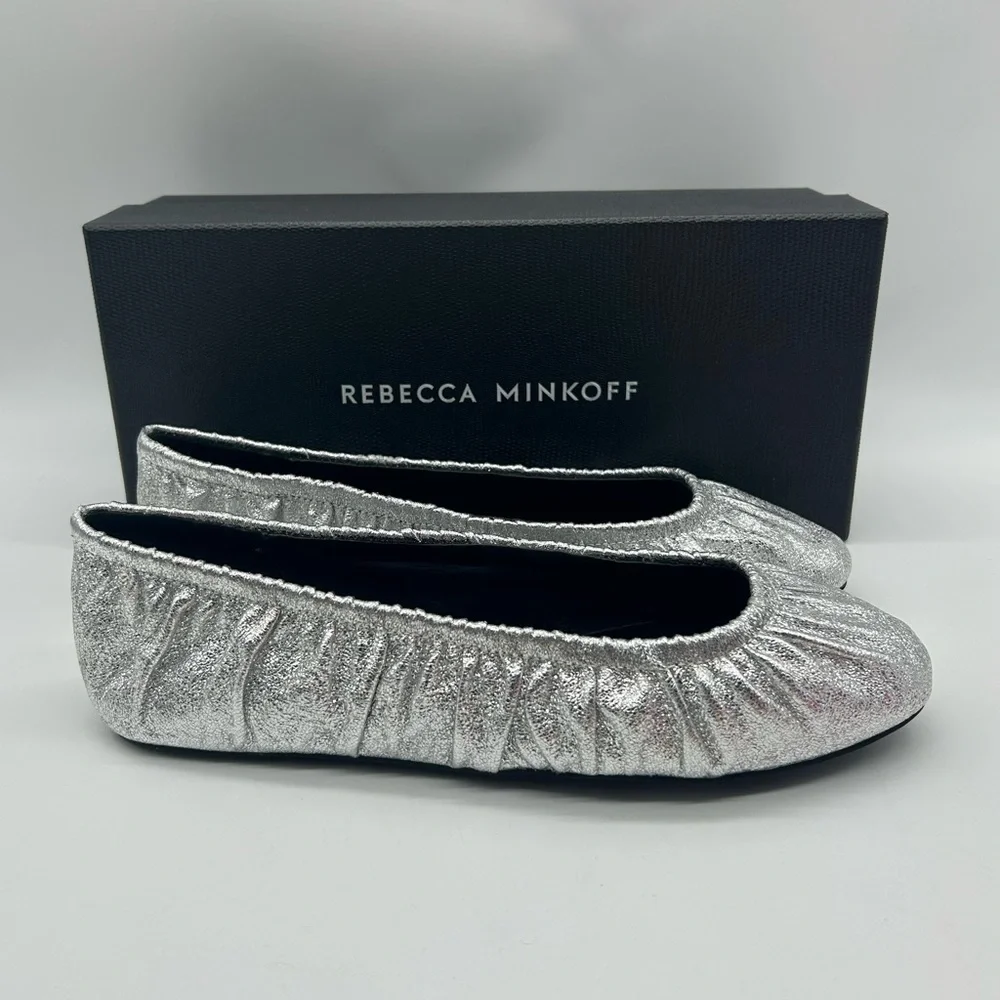 Rebecca Minkoff Ruched Silver Metallic Ballerina Flats Size 8.5 NEW With Box